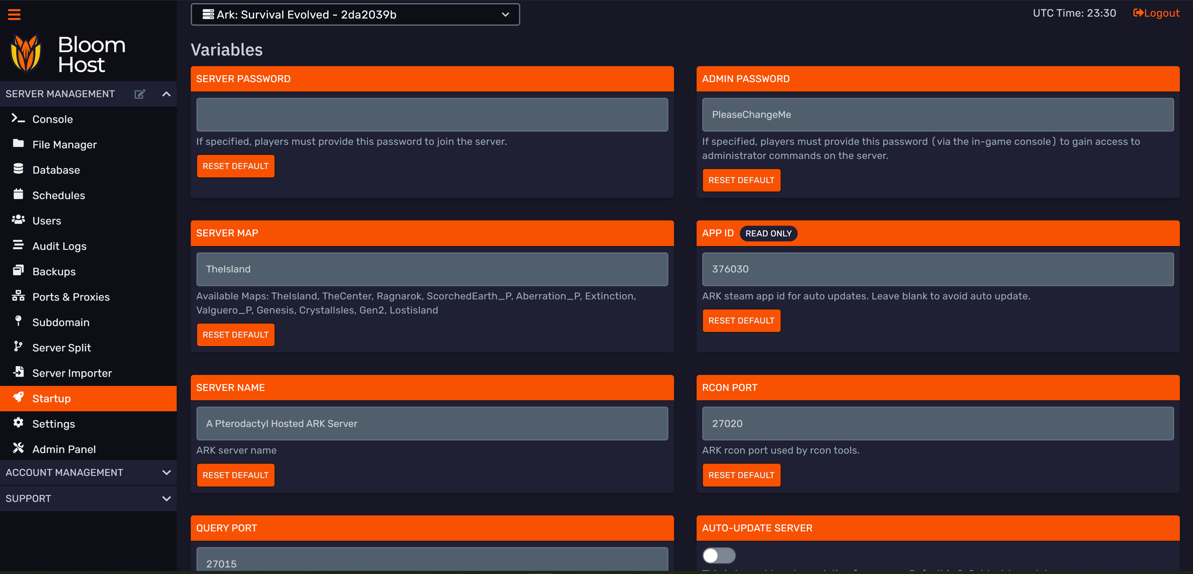 ARK server options on the DuckPanel Startup tab